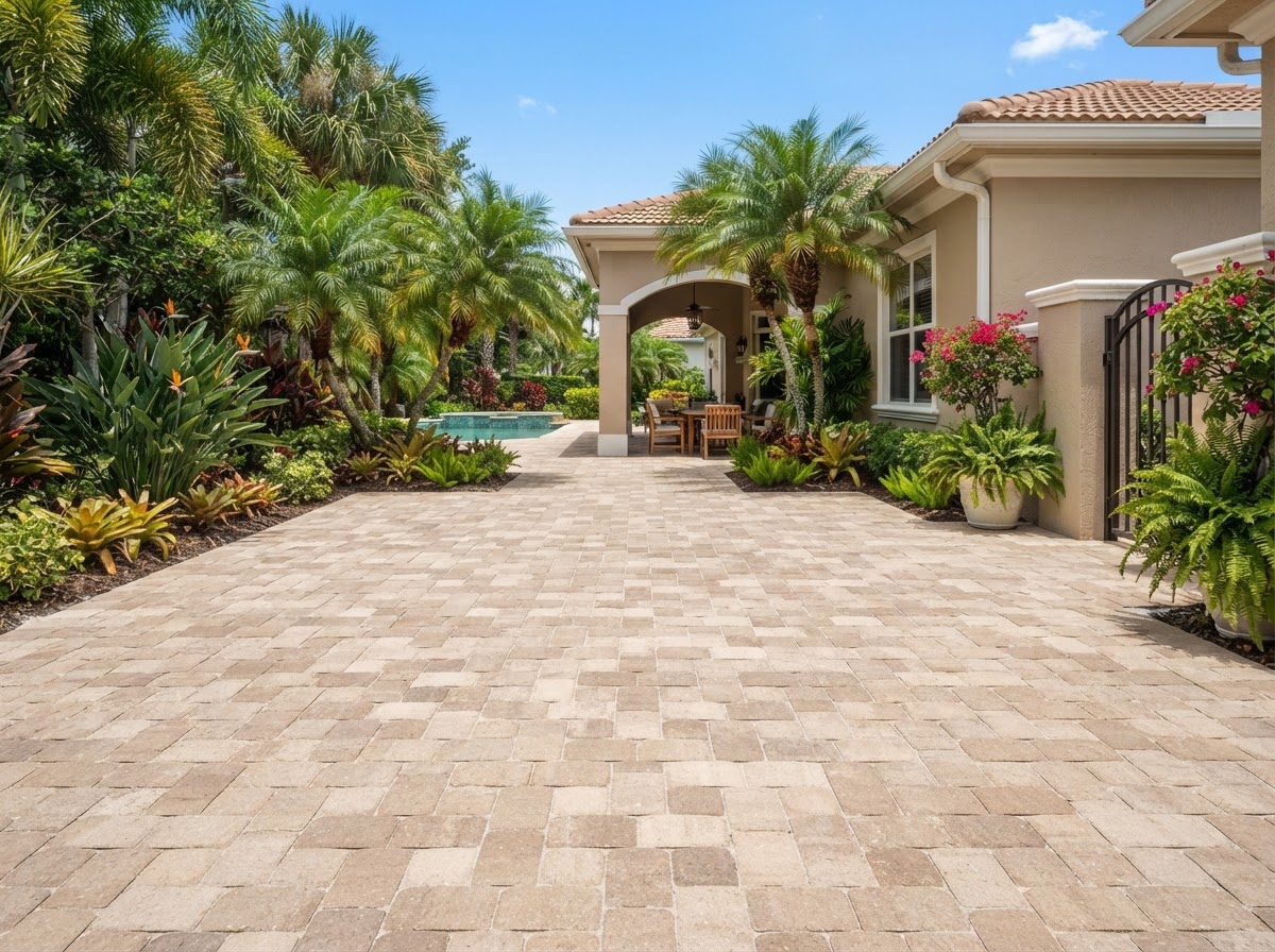 Finished basket weave paver courtyard surface with clean edges