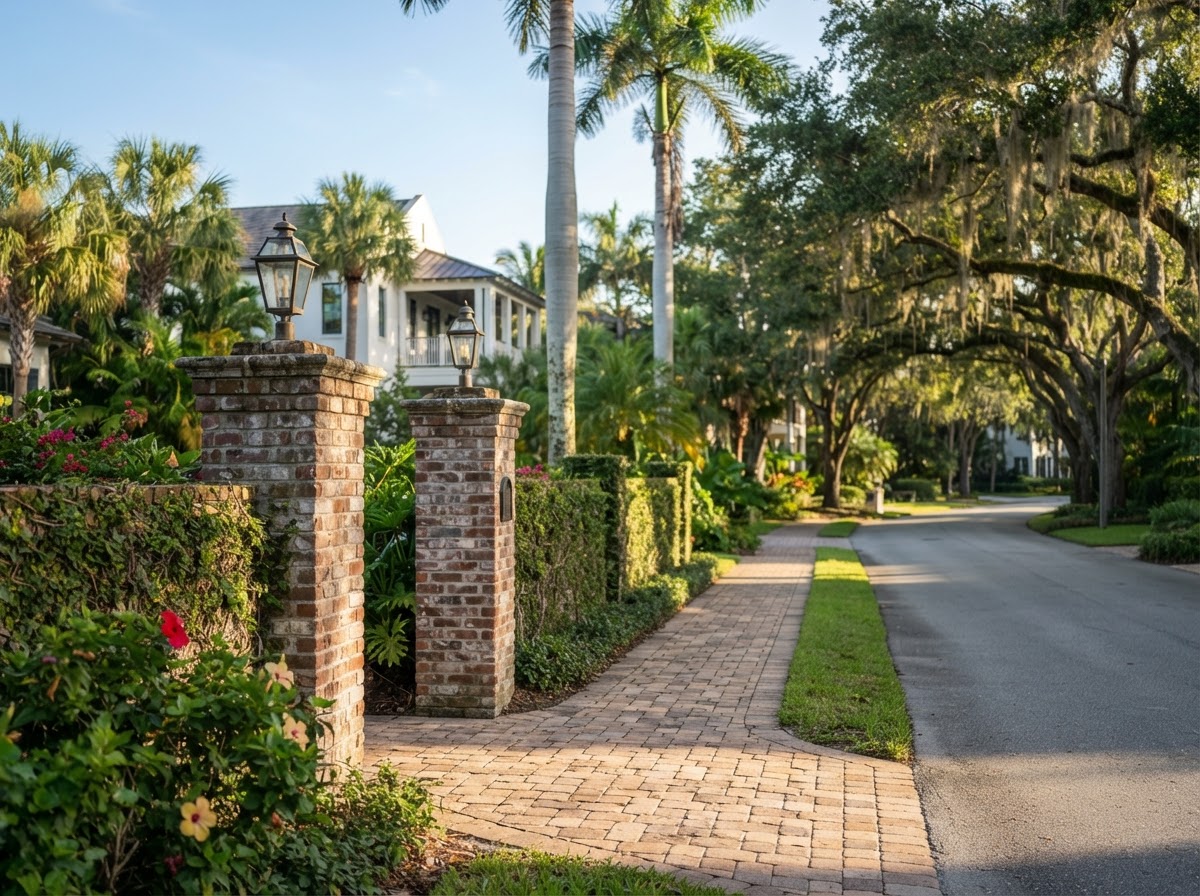 Masonry entry and paved walkway along a coastal Florida street