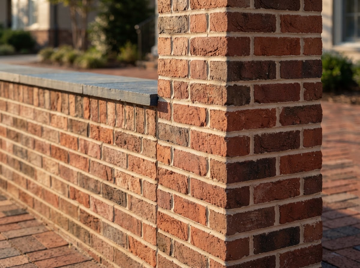 Finished brick masonry entry detail with visible units and mortar joints