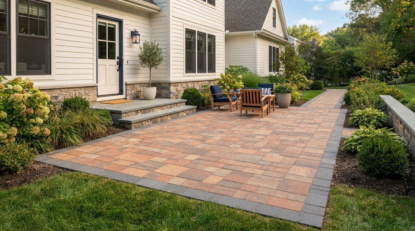 Finished paver walkway and patio with clean borders meeting a home entry