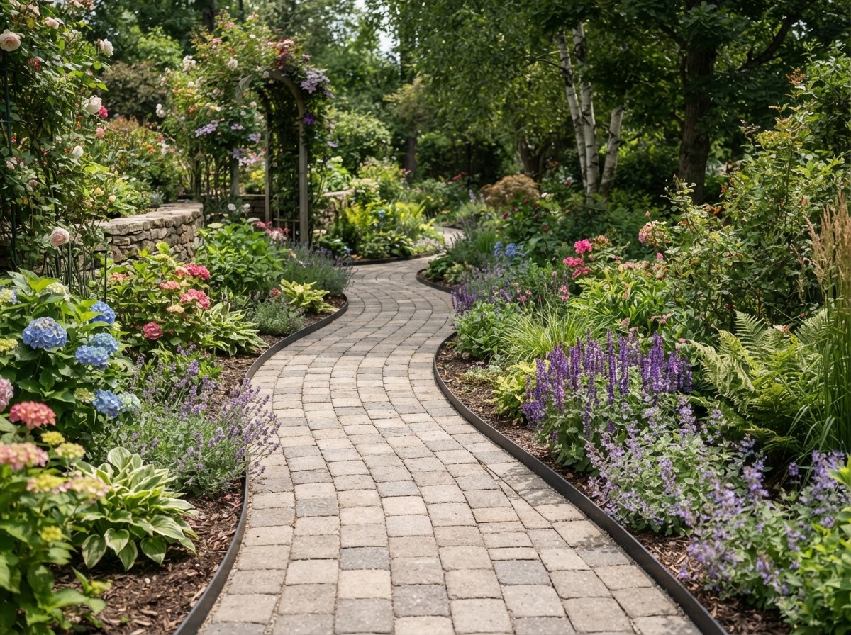 Finished curved paver garden path with clean borders