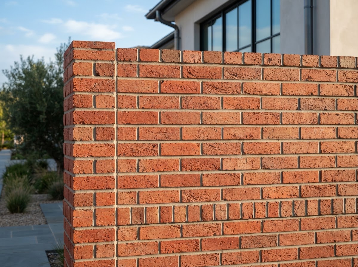 Clean finished red brick masonry wall with even mortar joints