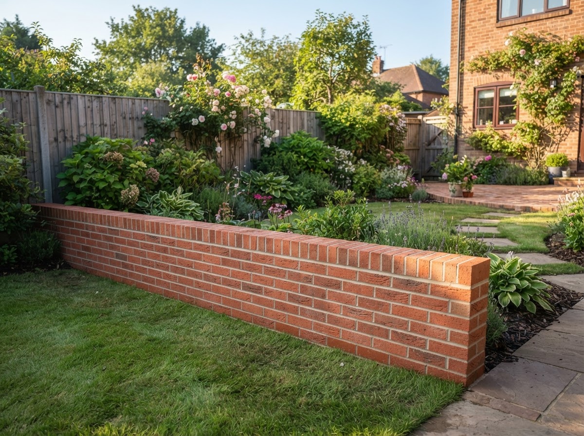 Finished low red brick garden boundary wall after construction