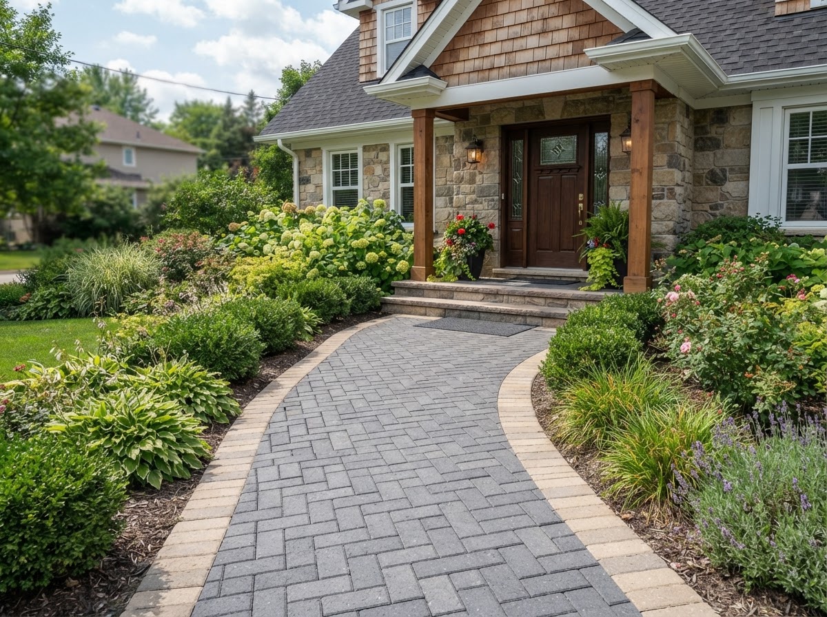 Finished herringbone paver walkway leading to a front entry