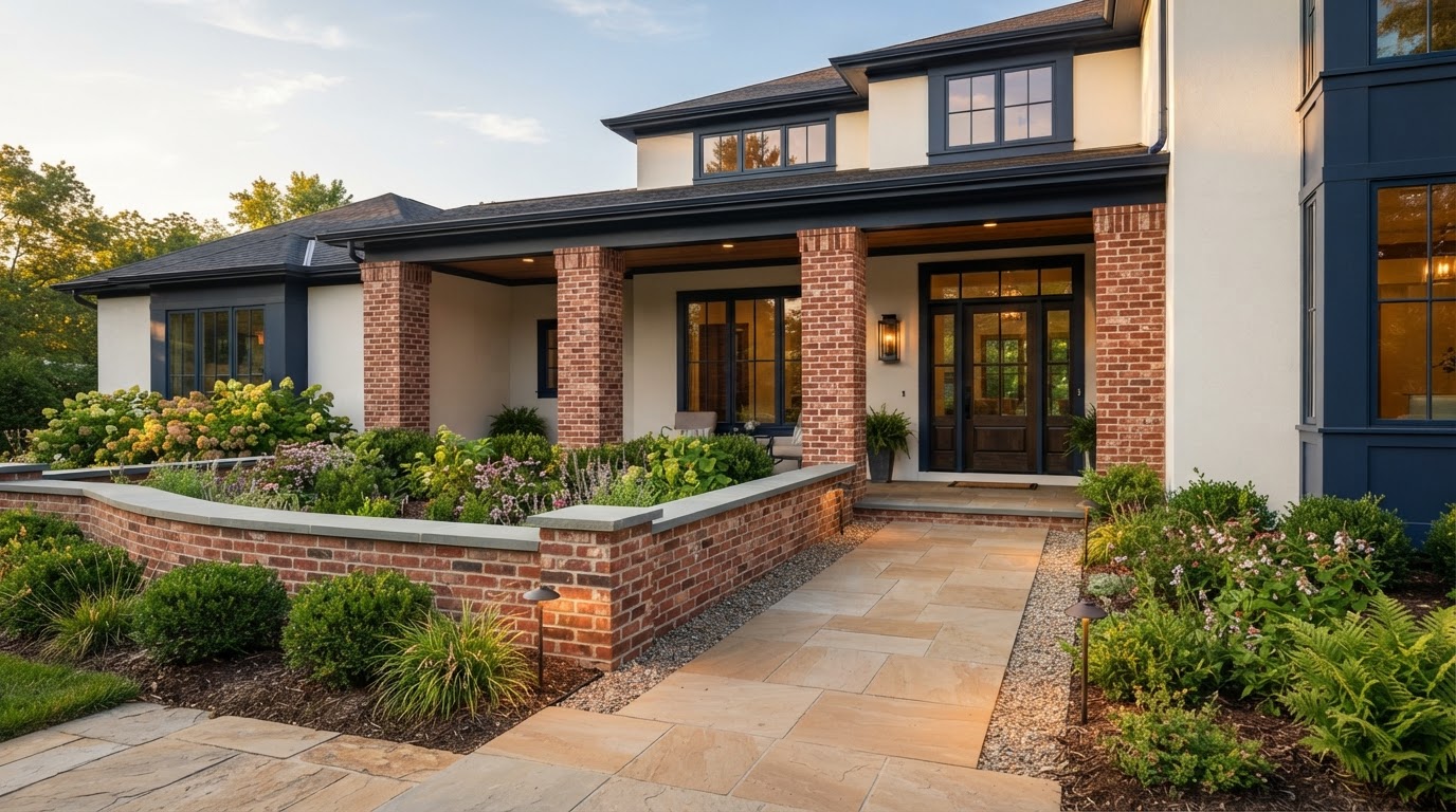 Finished paved entry walkway beside detailed brick masonry in warm morning light