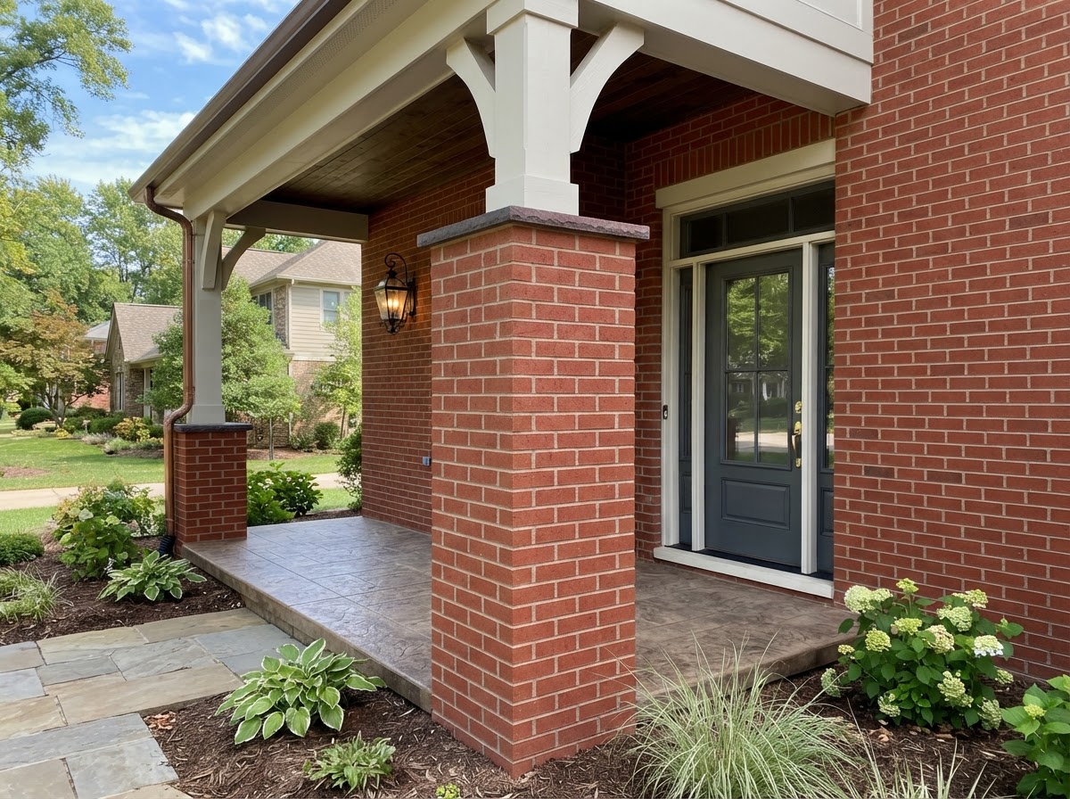 Clean finished exterior brick masonry accent detail at a home entry with even mortar joints