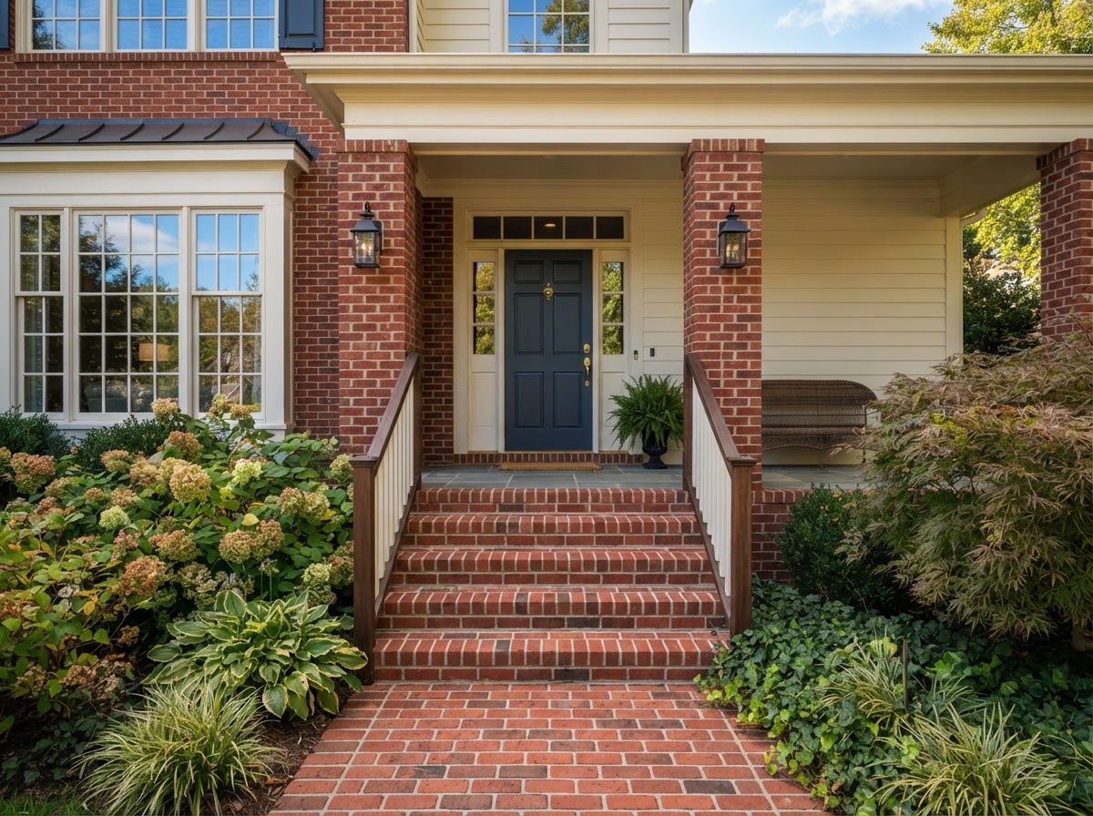 Finished red brick masonry front steps and columns after work