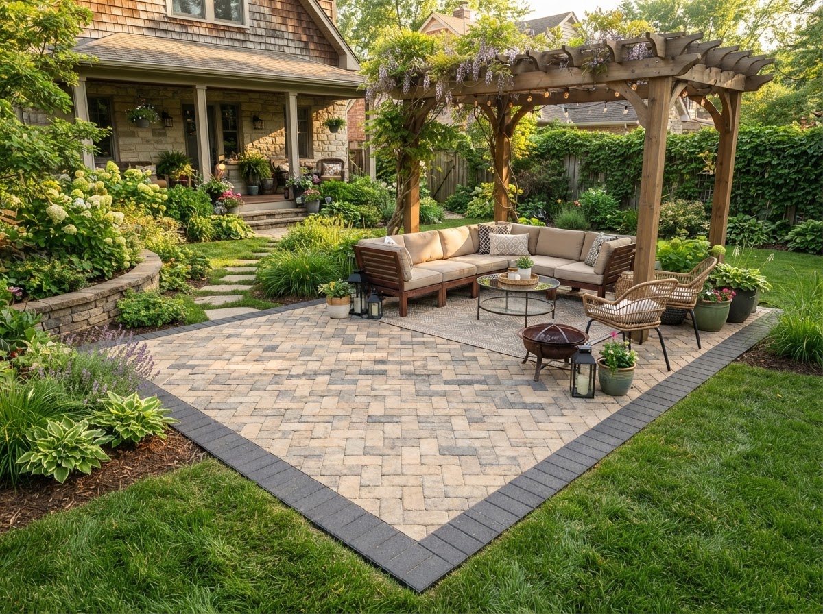 Finished backyard paver patio with seating area and edge restraints