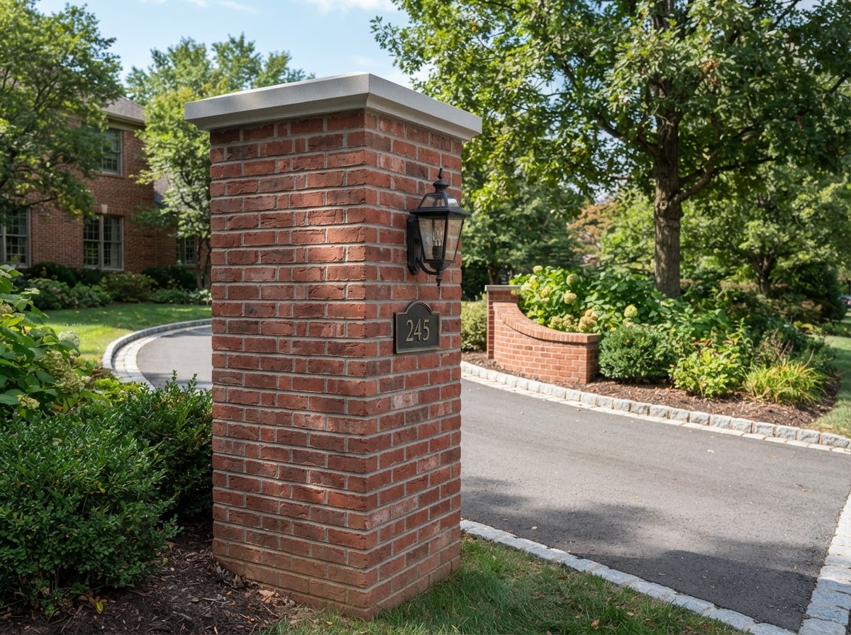 Finished freestanding red brick driveway entrance columns after work