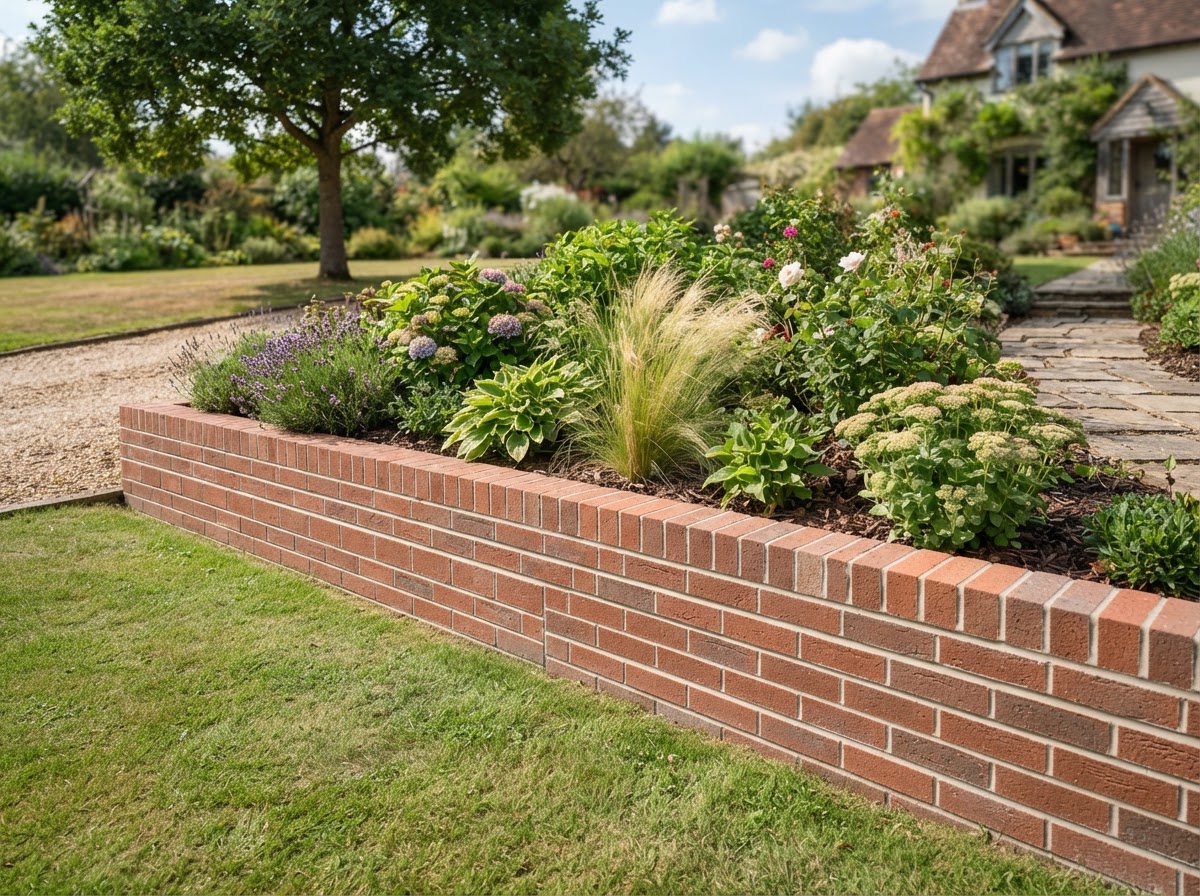Clean finished low garden brick wall with neat mortar joints