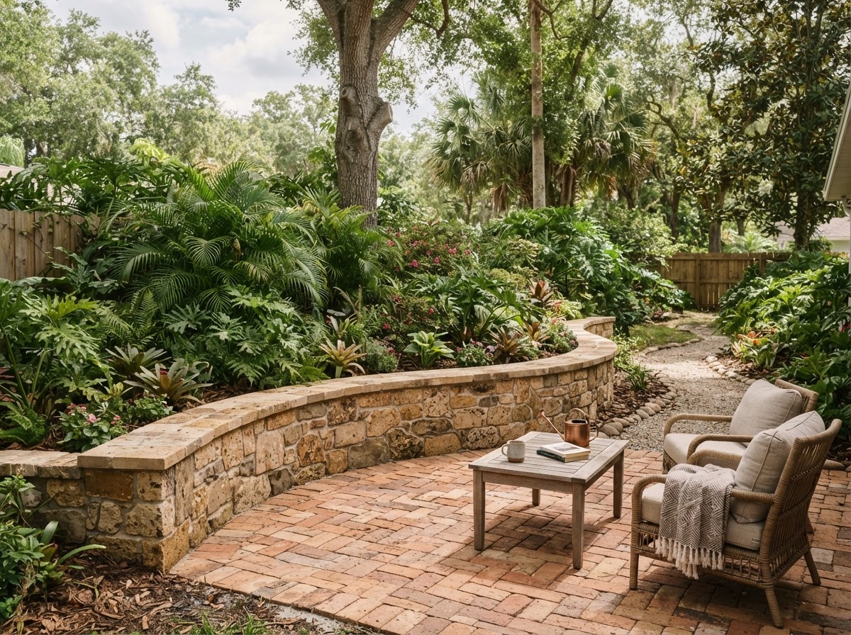 A residential backyard in Deltona with a masonry garden wall and a brick paver seating area