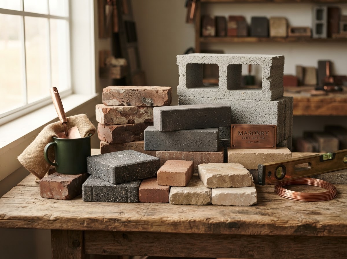 Illustrative masonry materials showing brick, block, and paver units side by side