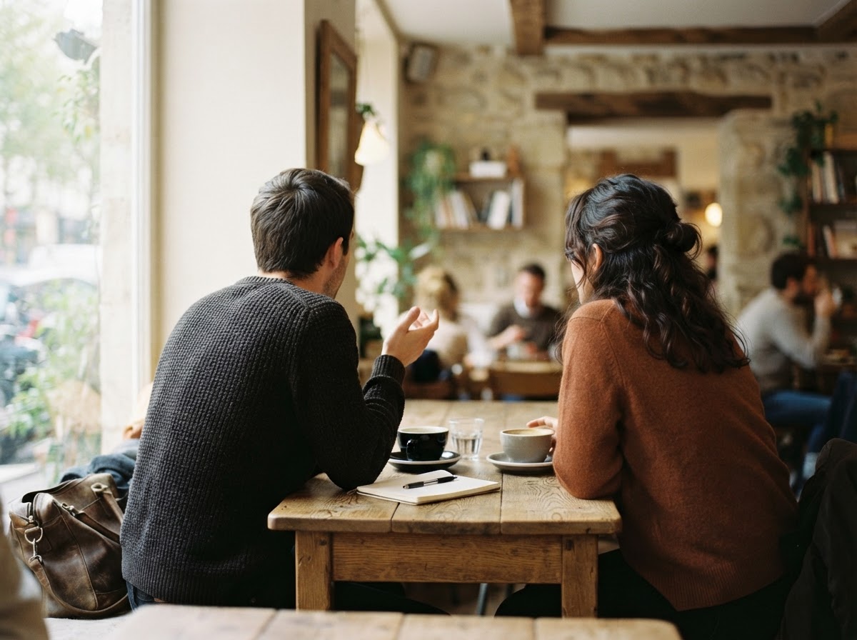 Conversación de mentoría sobre una mesa con café