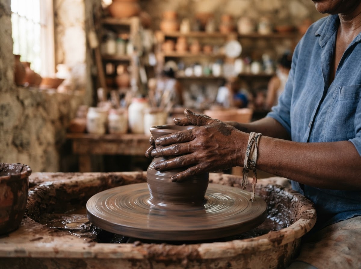 Manos de un artesano modelando arcilla en un torno