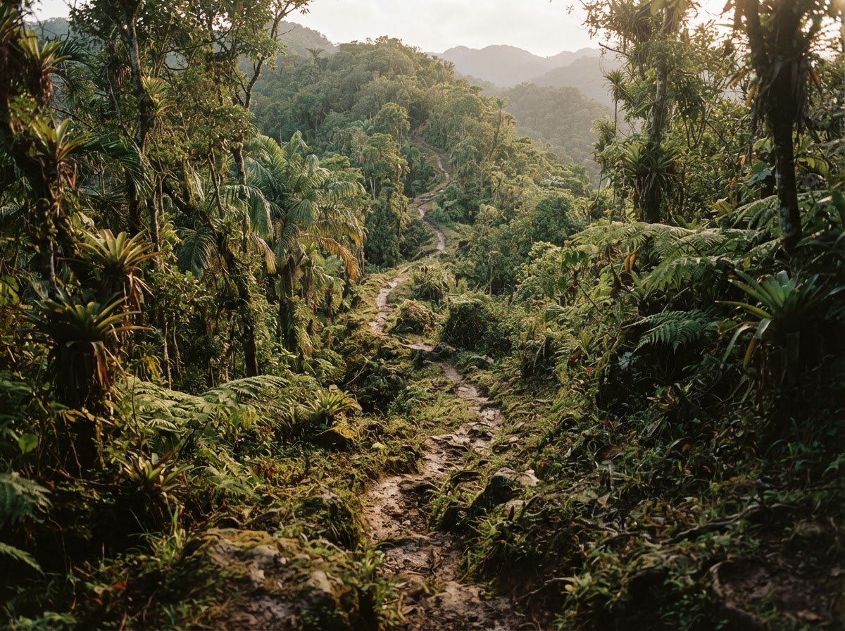 Sendero de montaña entre bosque tropical con luz dorada