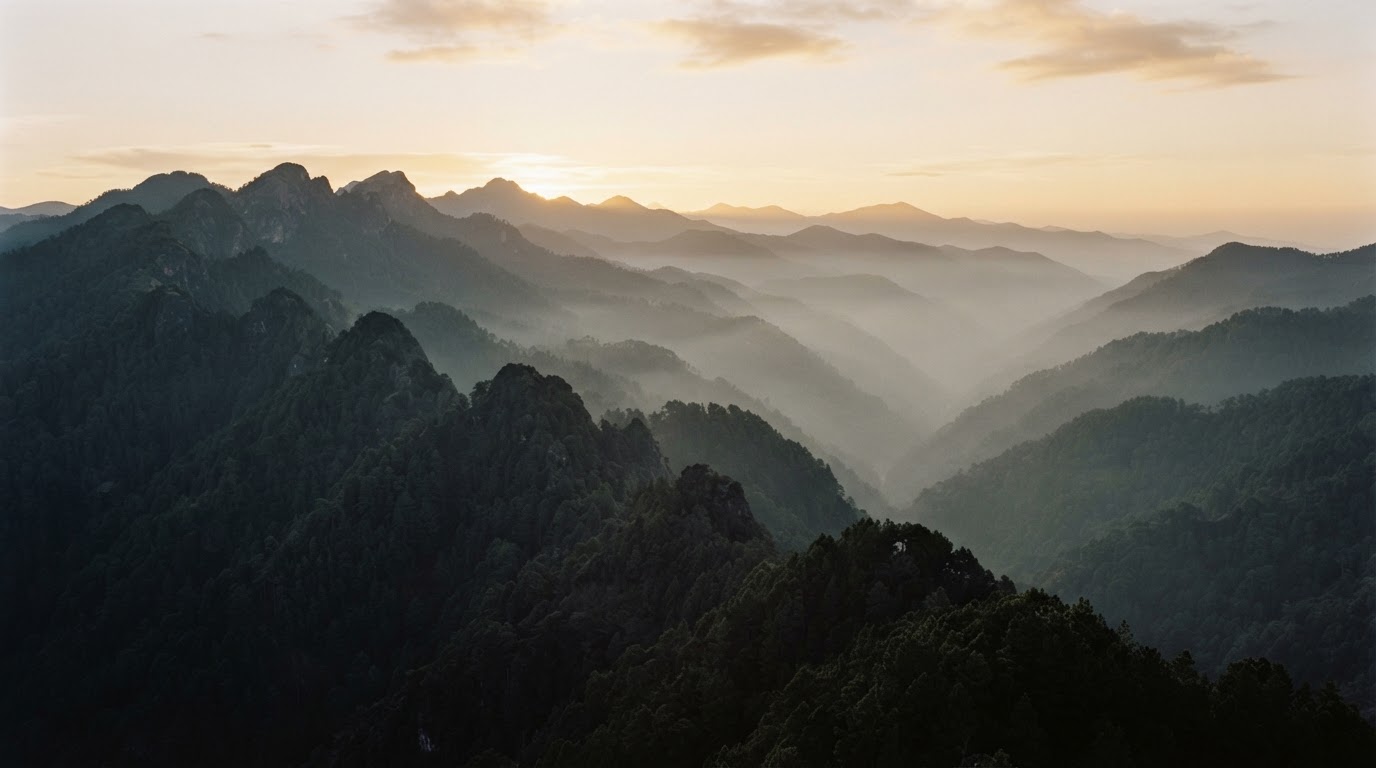 Cordillera del Pico Duarte al amanecer, entre la niebla