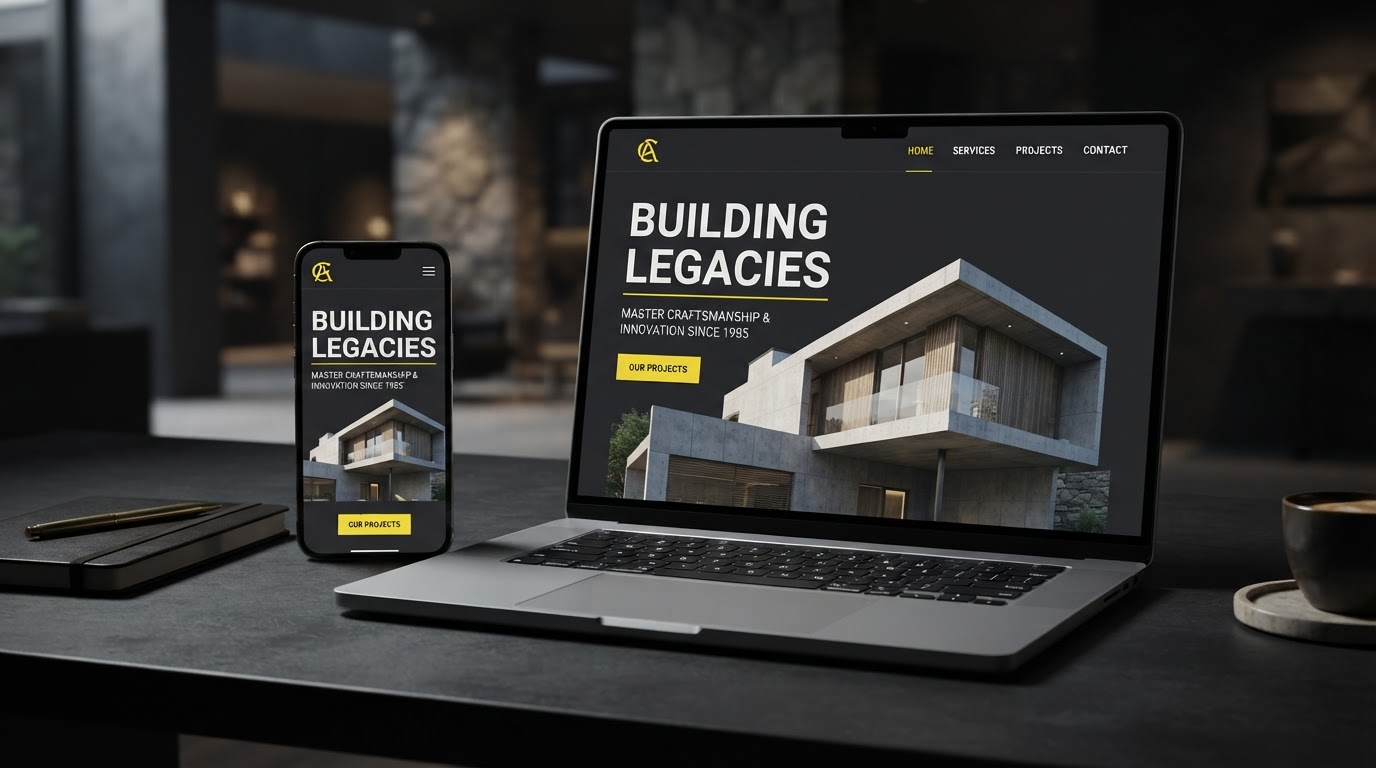 A sleek laptop and phone showing a dark, modern contractor website