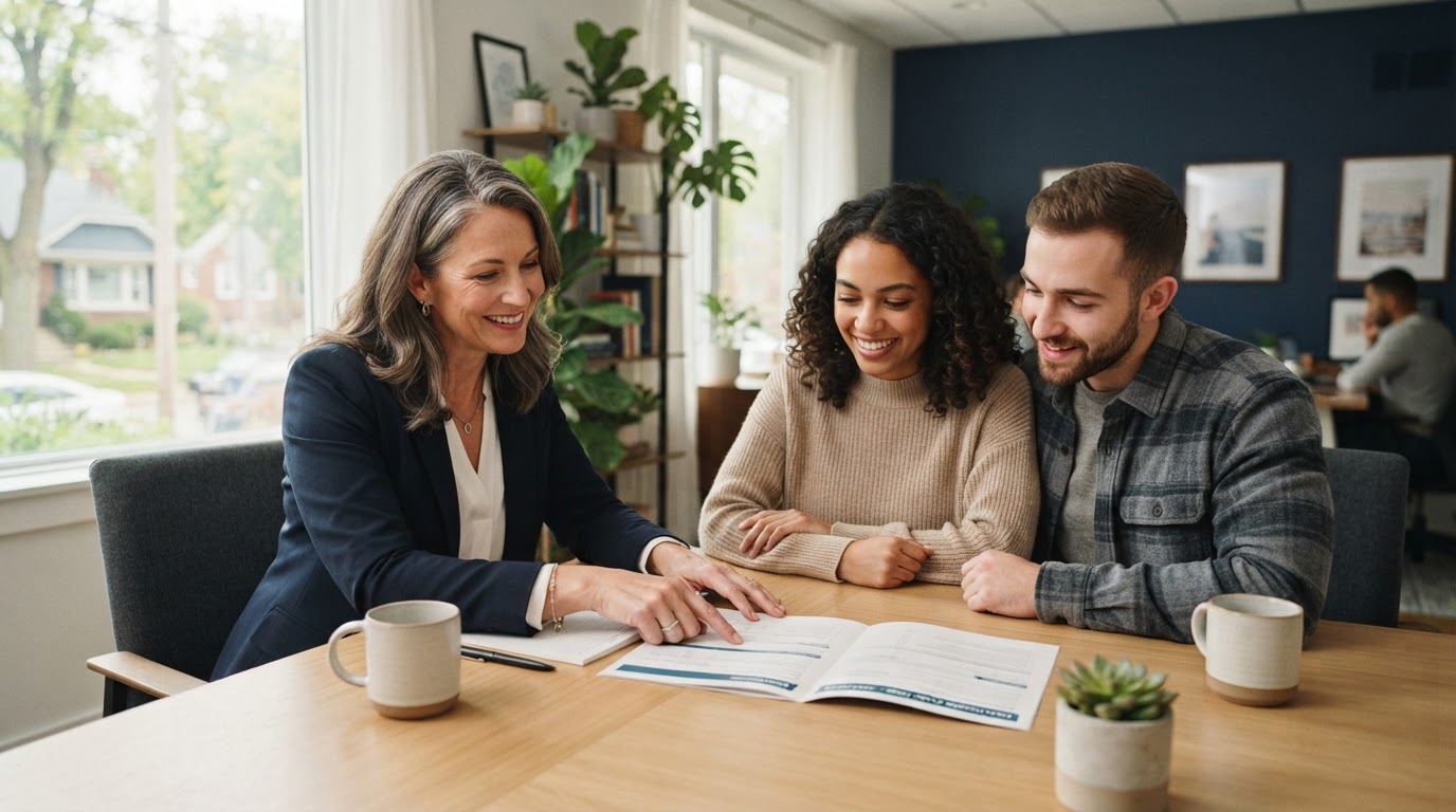 A SterlingMayo advisor reviewing coverage options with a client at a light-wood table in a bright neutral office.