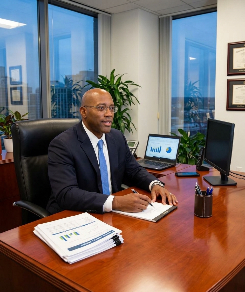 John Mayo, founder of SterlingMayo, seated at his desk reviewing documents.