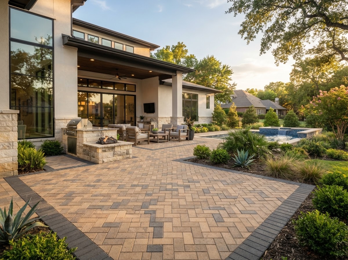 Custom paver patio with herringbone pattern in a Dallas suburban backyard