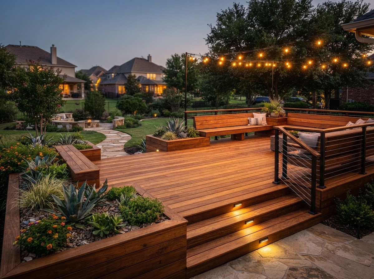 Custom wood deck with built-in planters and seating in a North Texas backyard