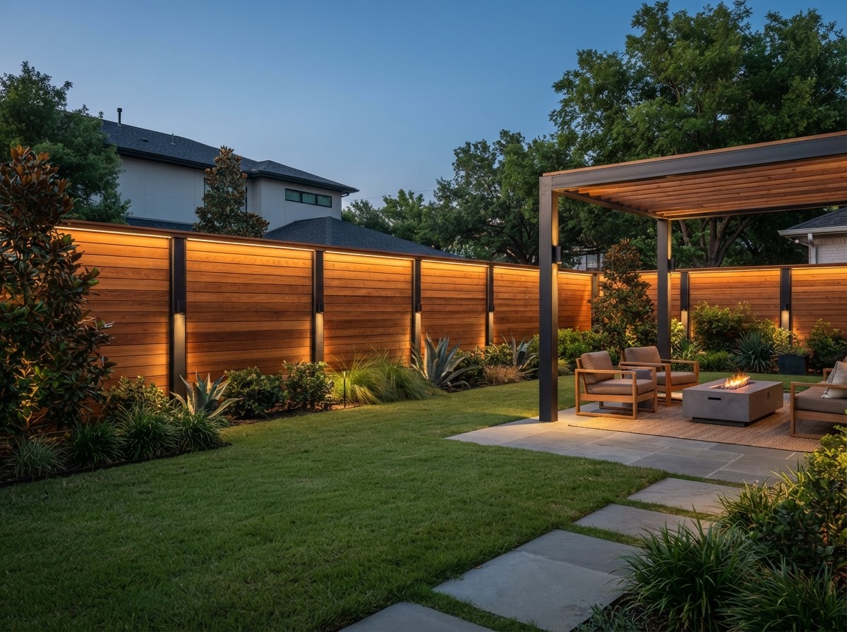Modern horizontal wood privacy fence with steel posts in a Dallas backyard