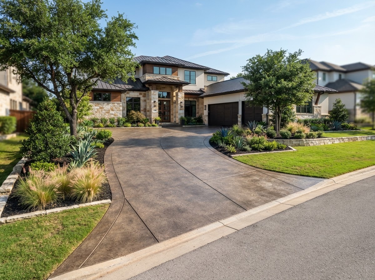 Custom stained concrete driveway approaching an upscale Dallas home