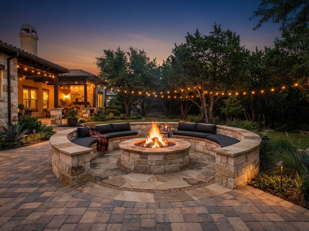 Custom stone fire pit with circular seating wall on a paver patio at dusk