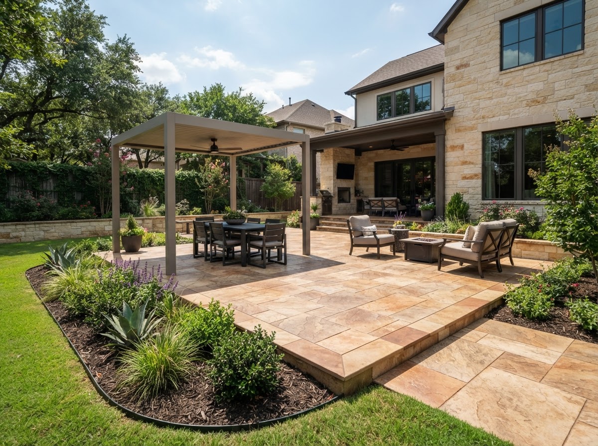 Stamped and colored concrete patio with warm stone texture in a Dallas backyard