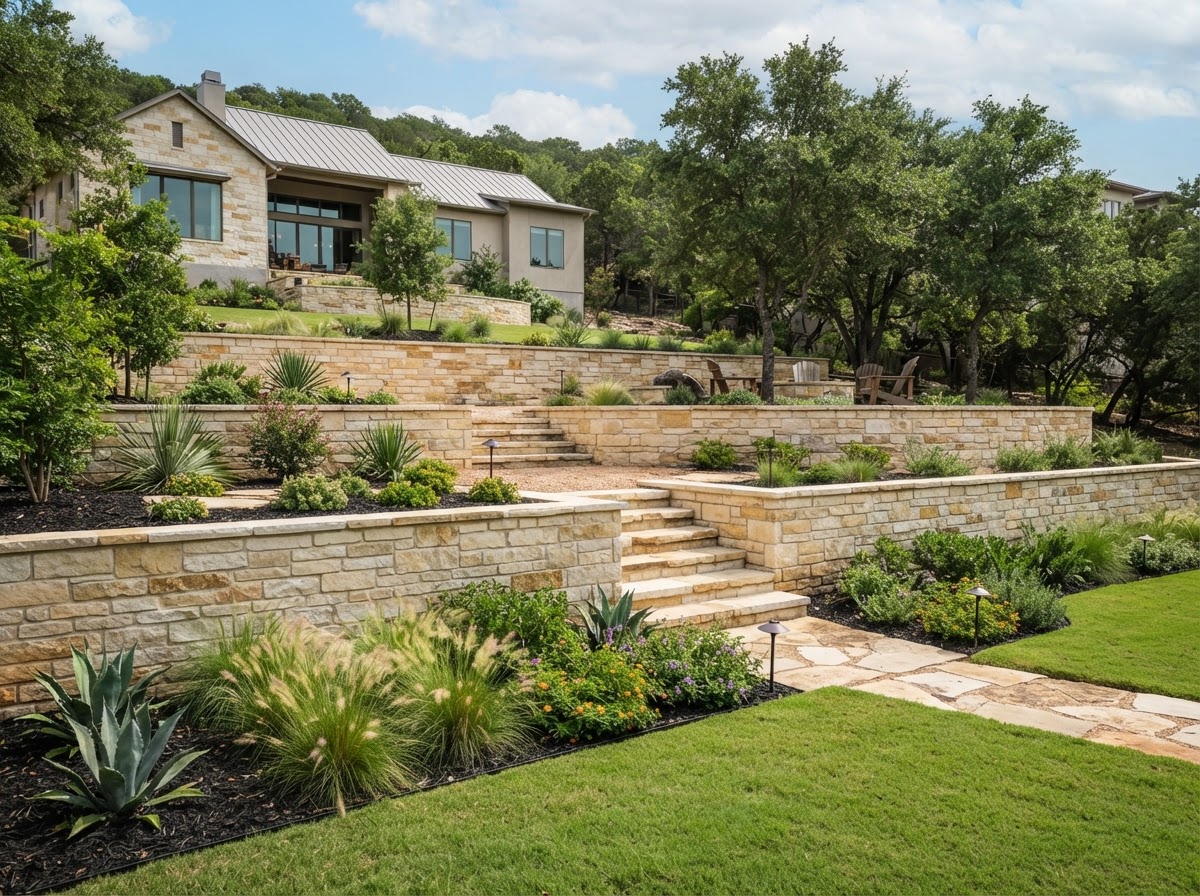Custom stone retaining wall terracing a North Texas residential landscape