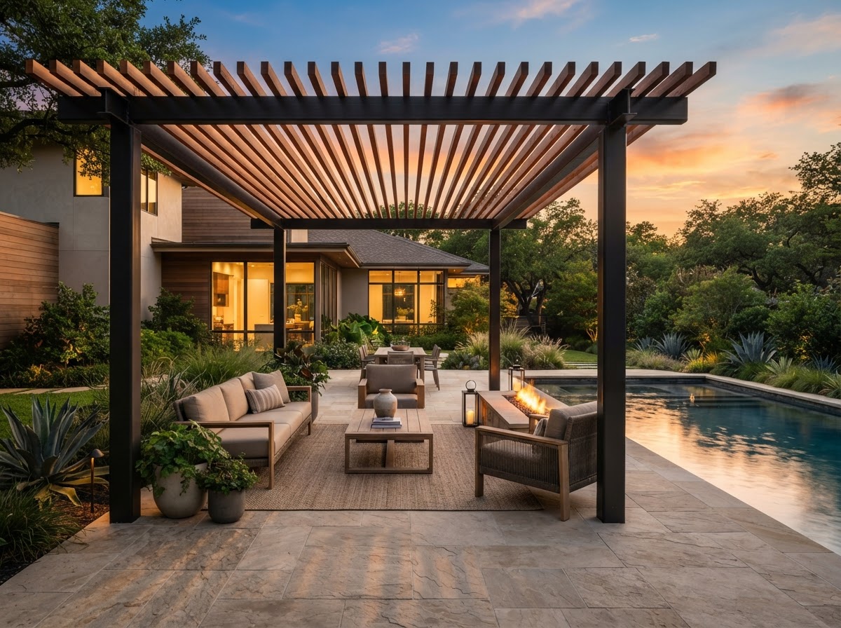 Modern wood and steel pergola shading a stone patio in a Dallas backyard