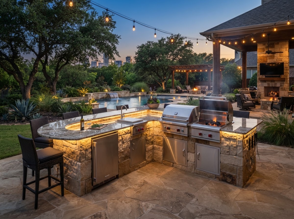 Custom outdoor kitchen with stone veneer and built-in grill in a Dallas backyard
