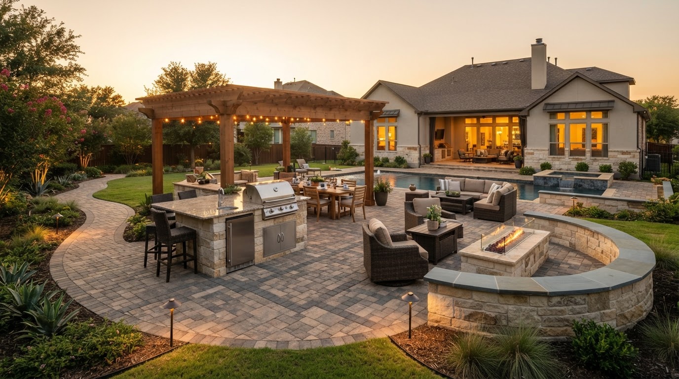 Fully transformed Dallas backyard showing integrated patio, outdoor kitchen, pergola, fire pit, and walkways as one cohesive design