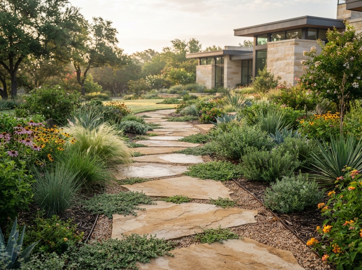 Flagstone stepping-stone garden walkway through a manicured North Texas landscape