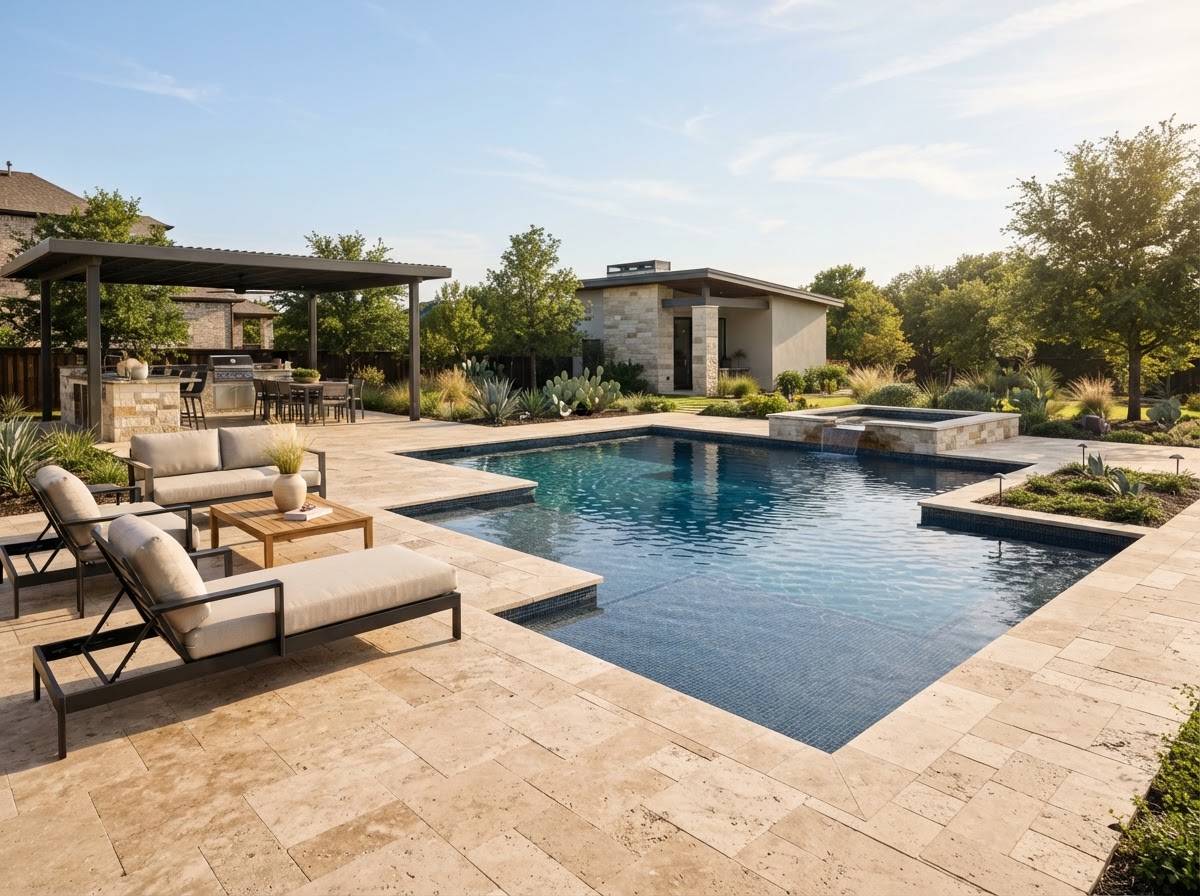 Travertine and sand-colored paver pool deck surrounding a modern North Texas pool