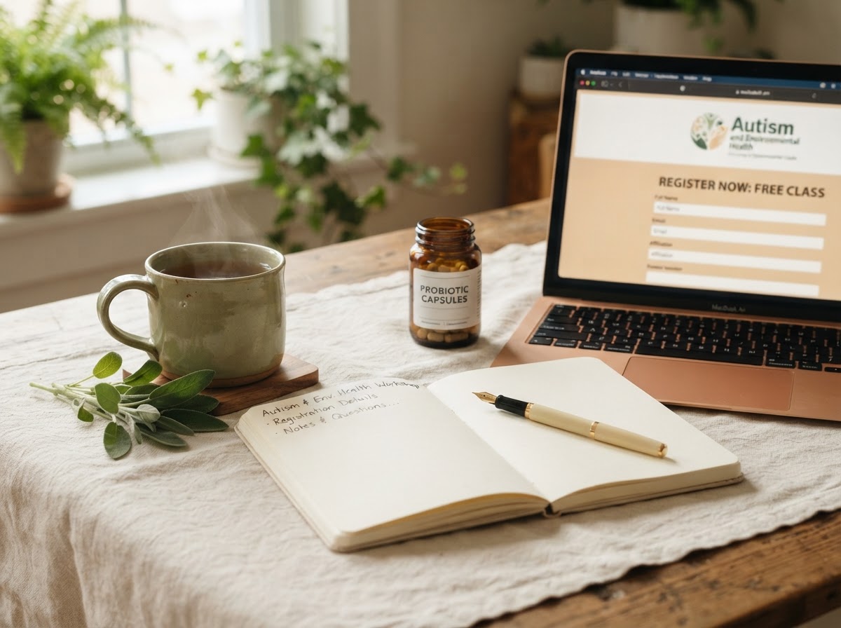 Cuaderno abierto, taza de té humeante y frasco de probióticos sobre lino crema: registro a la clase gratuita sobre autismo y toxinas