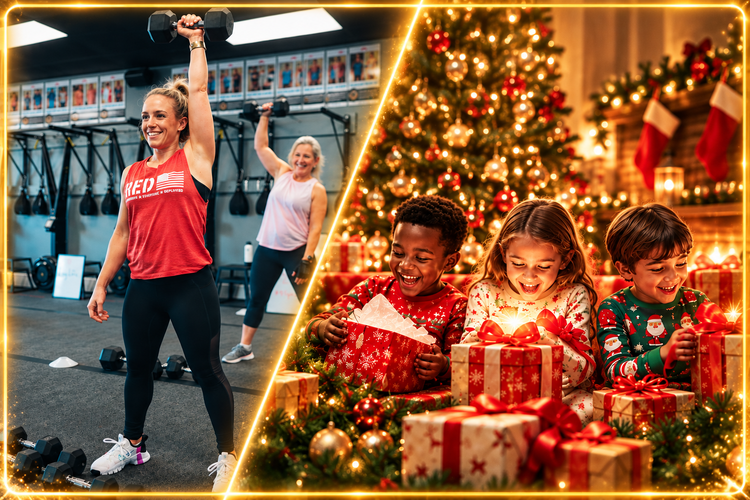 Prosper Fit Body Boot Camp coached workout and happy children opening Christmas presents