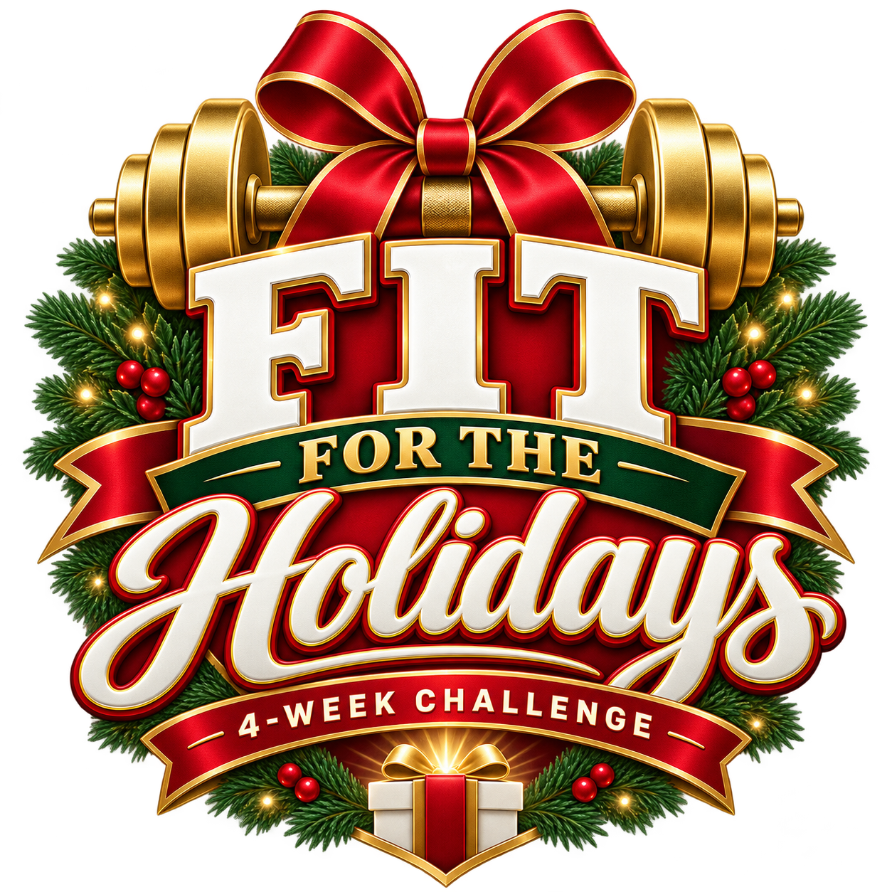 Fit For The Holidays 4-Week Challenge official logo with gold dumbbells and red bow
