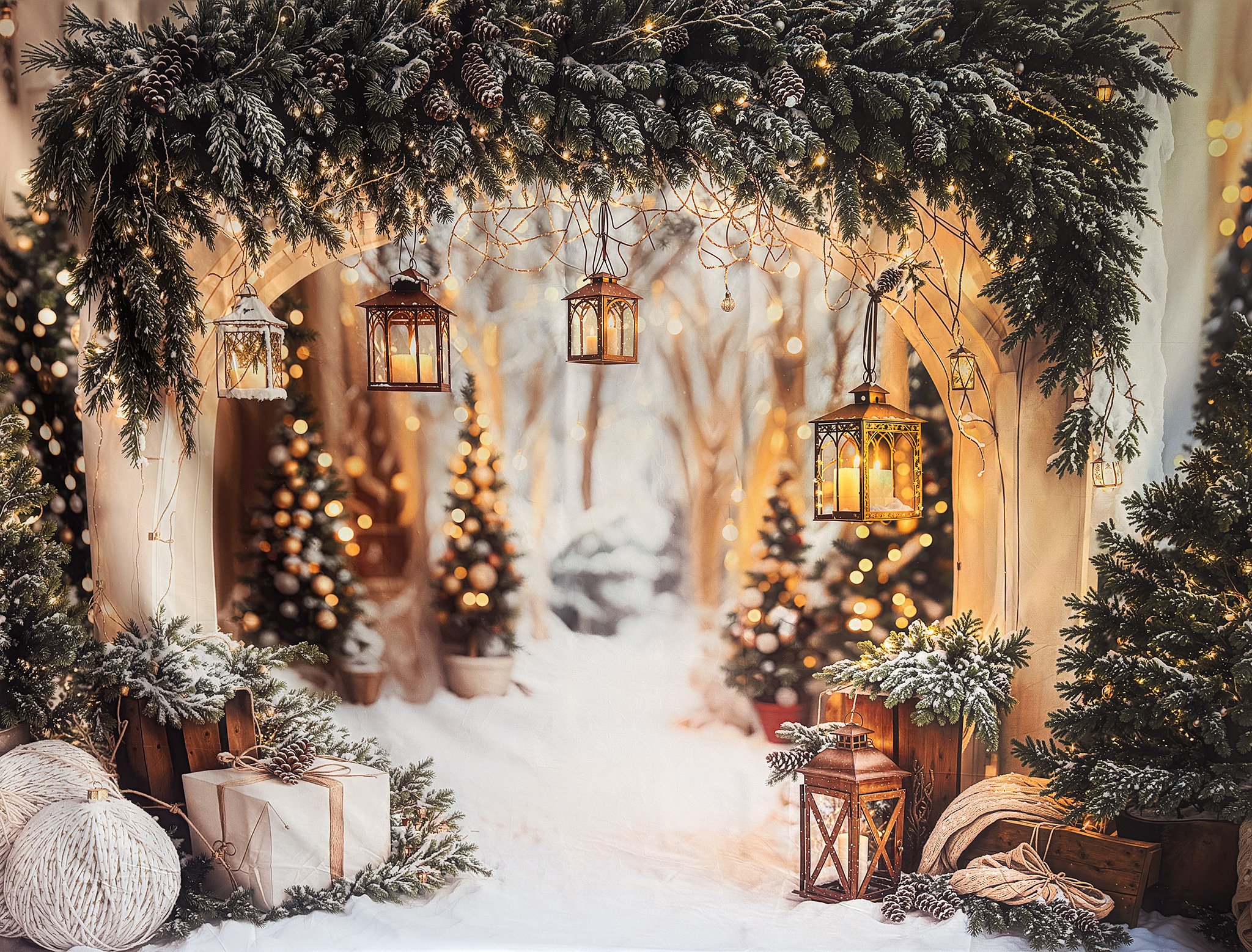 2026 Christmas Mini Sessions Studio Backdrop with snowy pine arch, hanging lanterns and cozy winter props