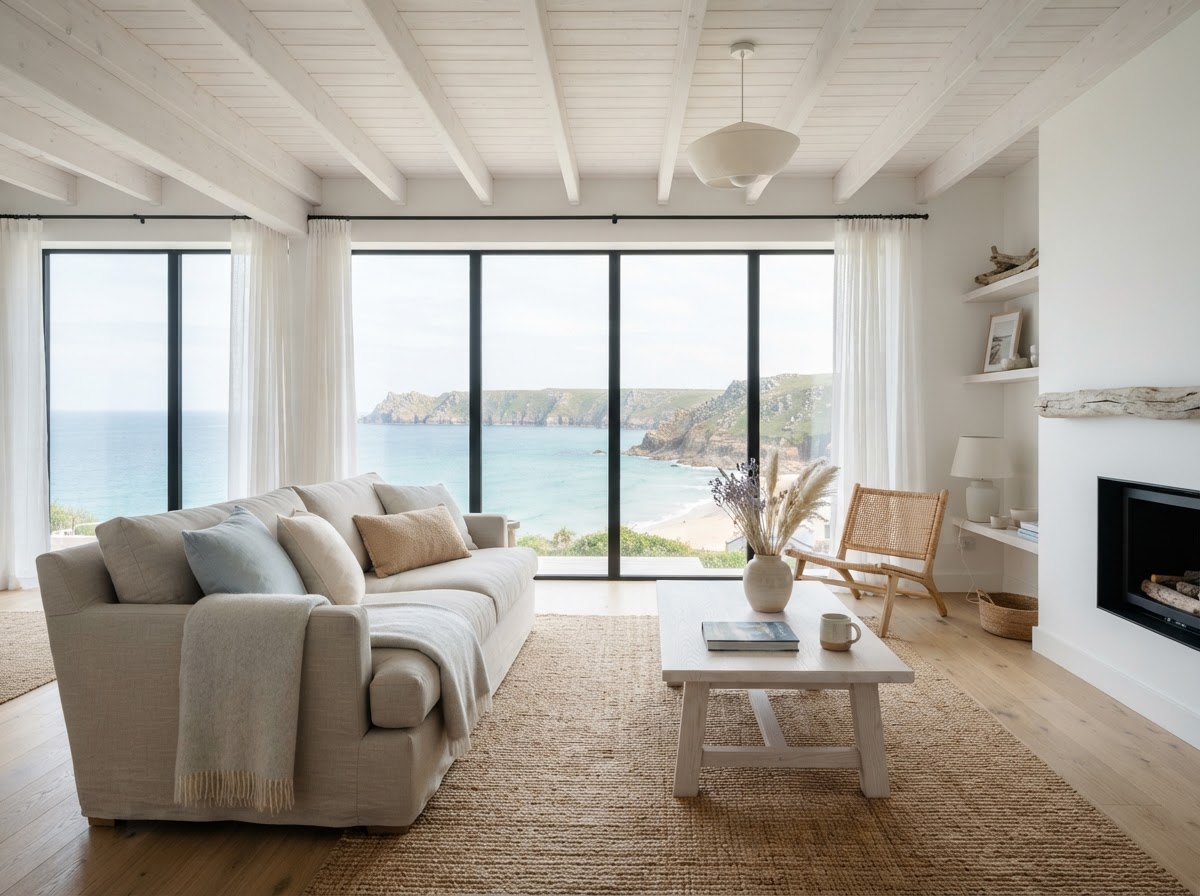 A bright, airy coastal holiday home living room near Falmouth