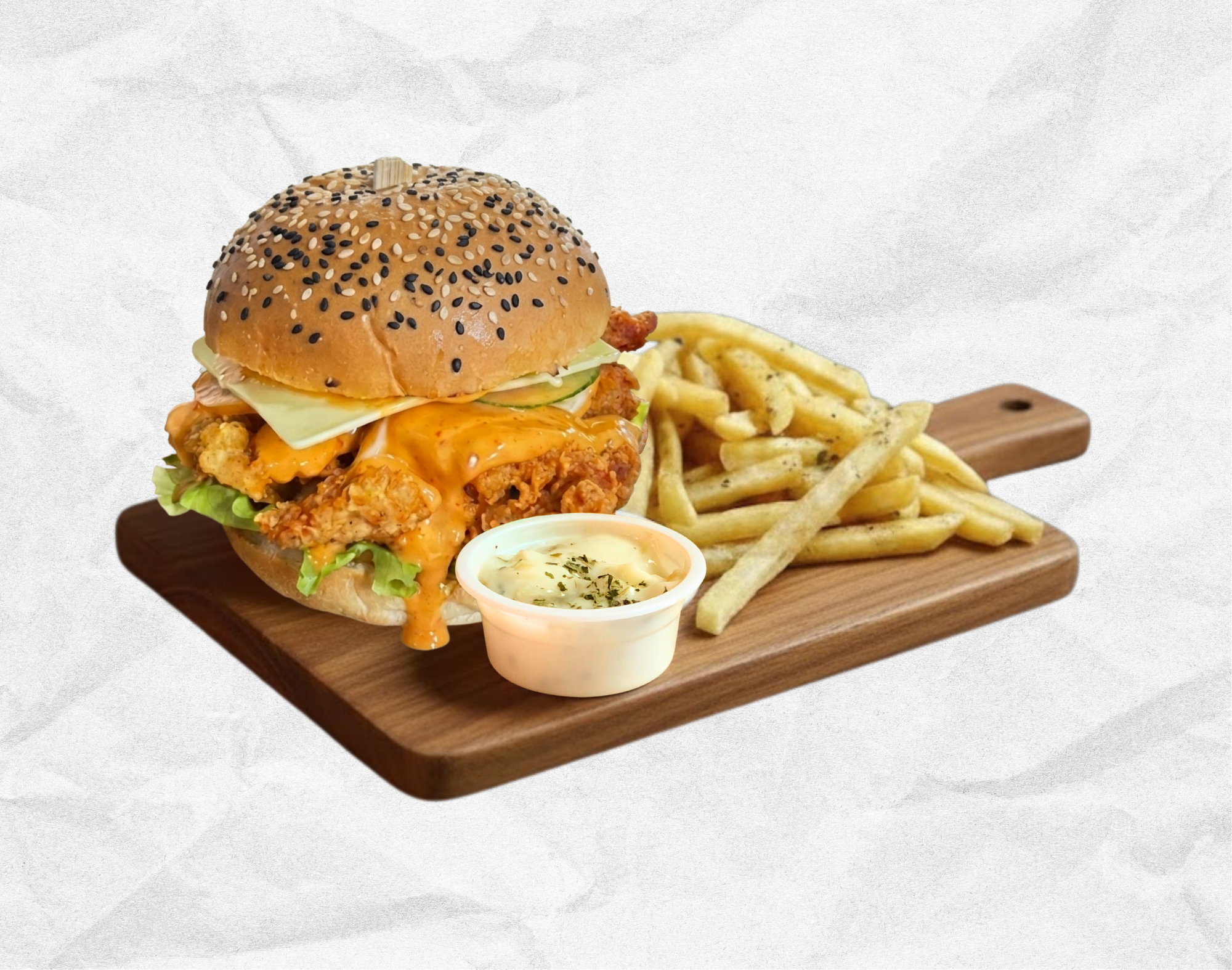 Chicks N Buns Delicious Crispy Chicken Burger with Fries and Dip