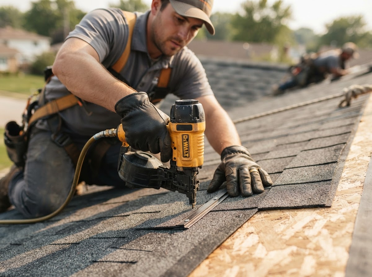 A professional roofer installing architectural asphalt shingles on a Connecticut home
