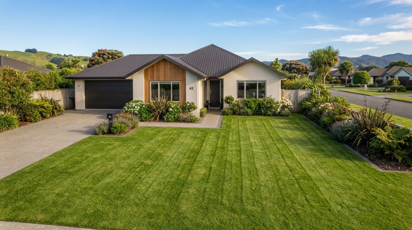 Beautifully maintained green residential lawn with crisp mown stripes