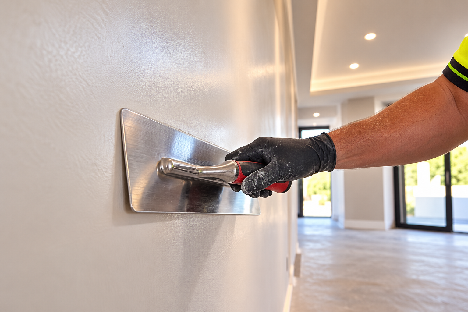 Tradesman using a stainless steel finishing trowel on a smooth interior plaster wall