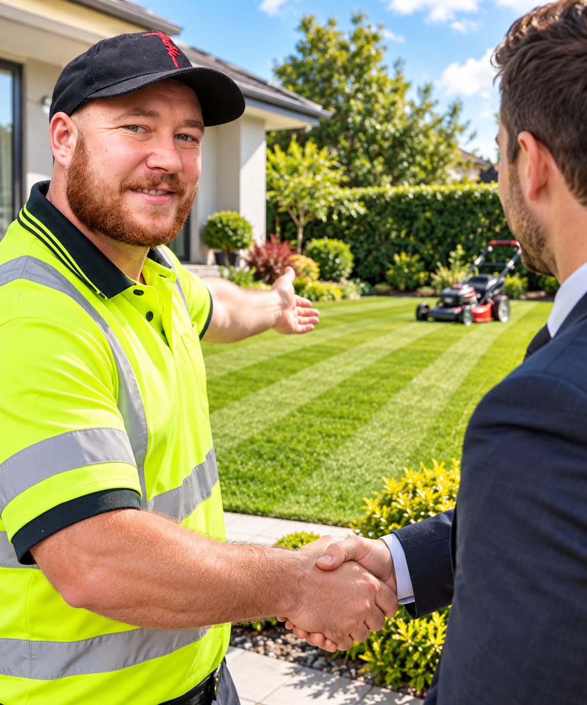Active 1 Property Services tradesman shaking hands with a client in front of a freshly striped green lawn