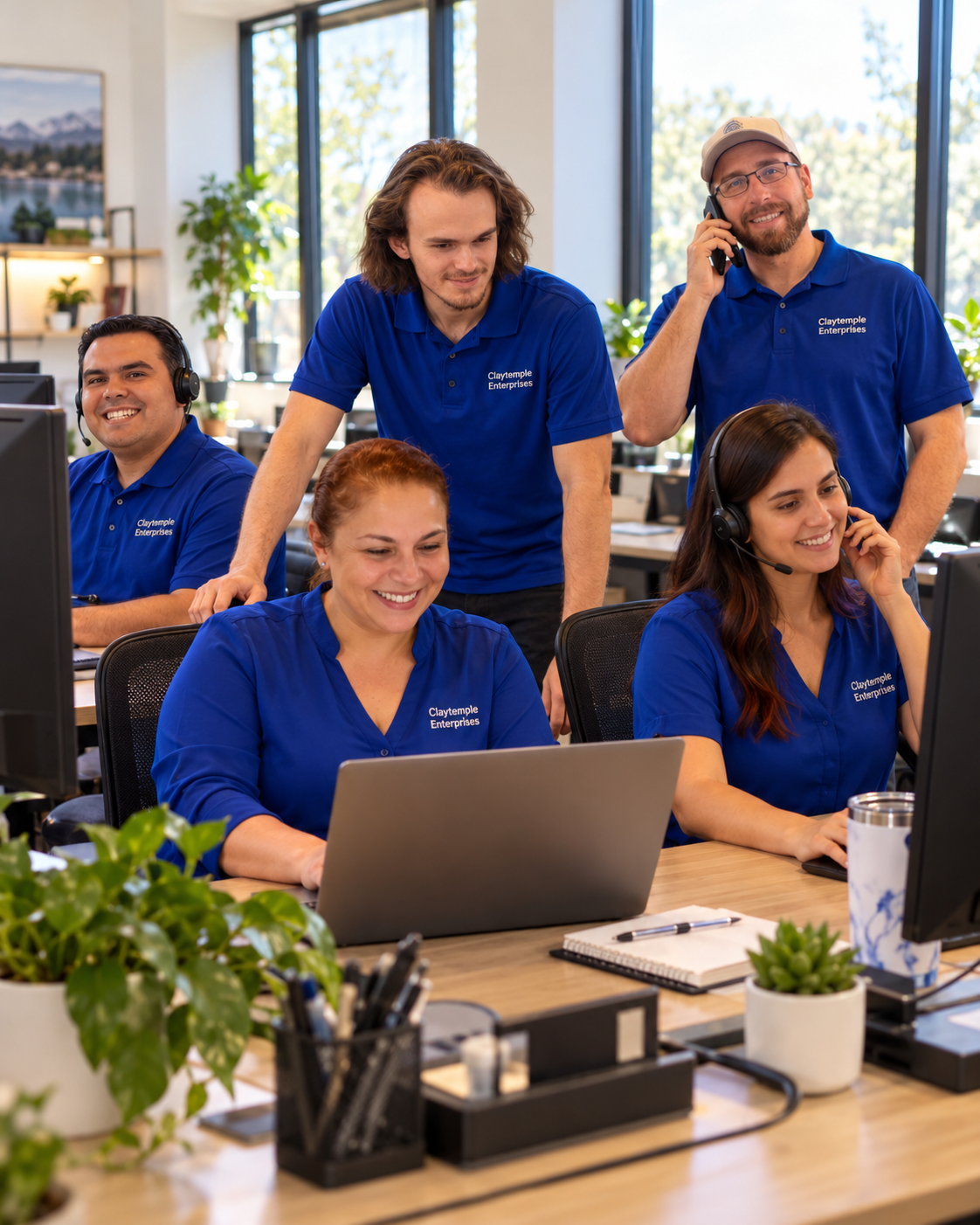 Claytemple Enterprises team members in blue branded polo shirts providing friendly, hands-on support in their modern office