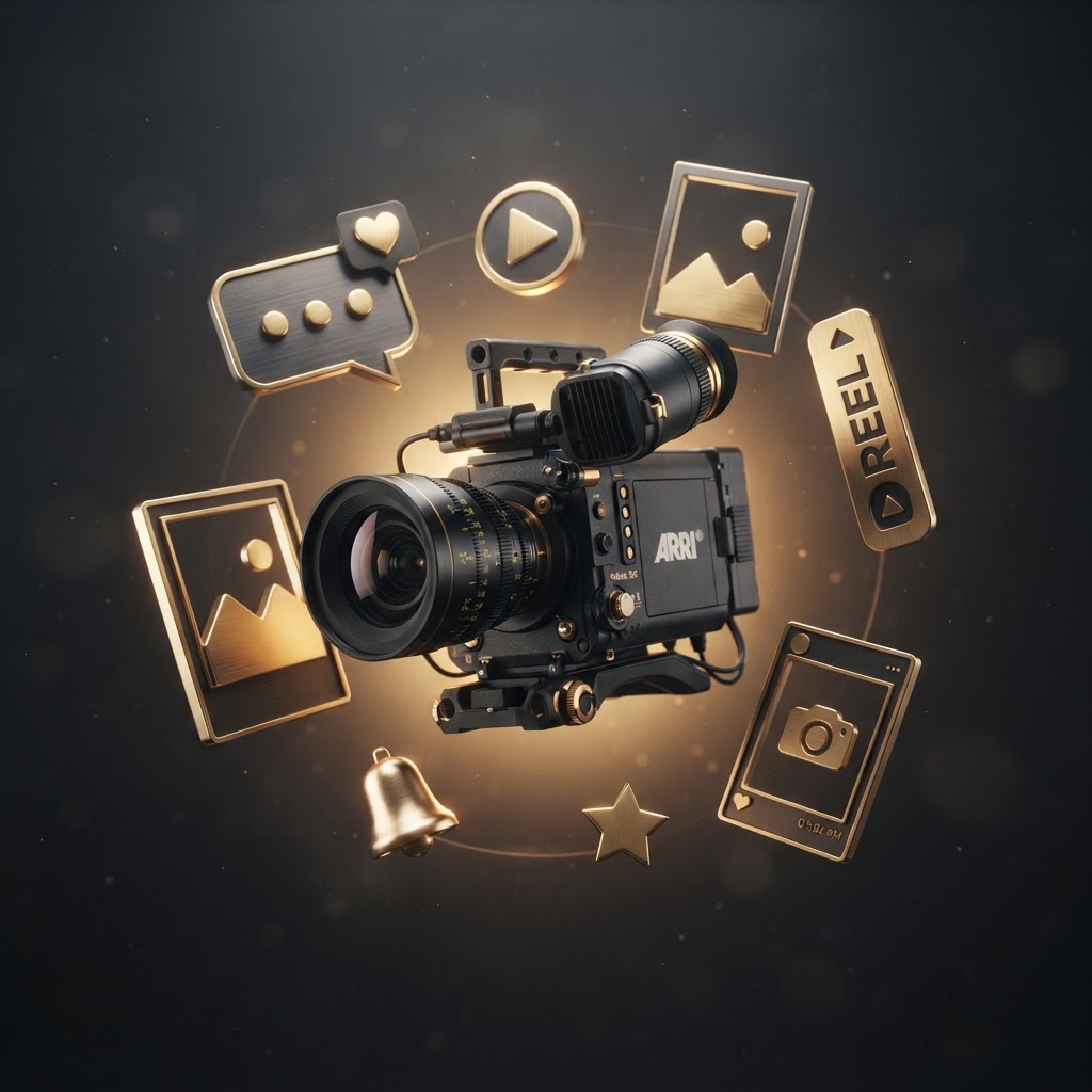 Ilustración 3D: cámara cinematográfica y elementos de contenido digital con acabados dorados