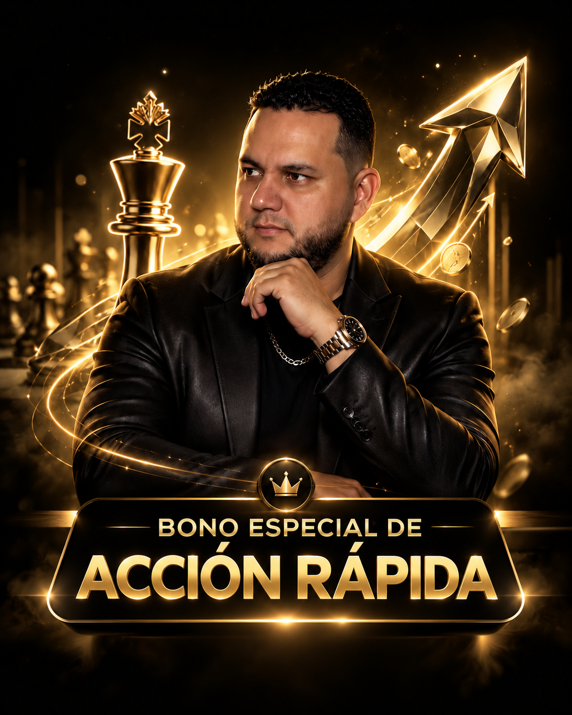 Ilustración 3D premium del bono de acción rápida: símbolo de estrategia y crecimiento empresarial en dorado metálico