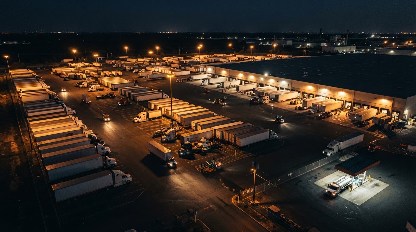 Aerial night view of a Houston-style trucking terminal and loading dock yard, illustrative