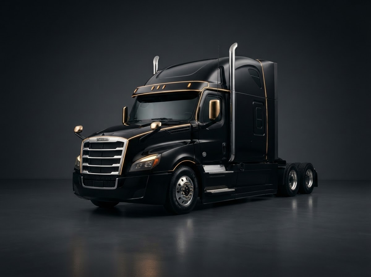 Class 8 sleeper-cab tractor truck on a dark studio backdrop, illustrative of the equipment under review